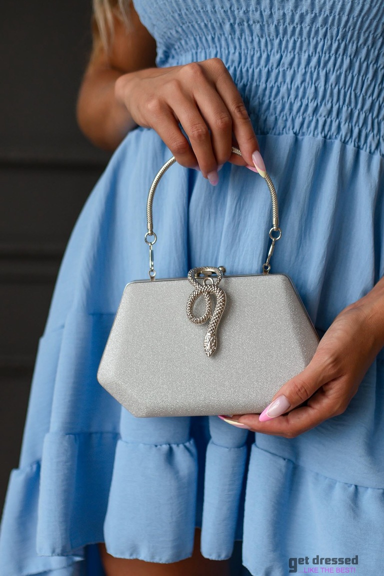 Hõbedane maokaunistusega clutch kott