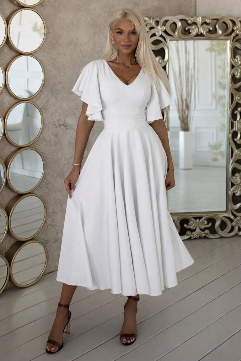 Valge luksuslik volangvarrukatega midikleit Loreen